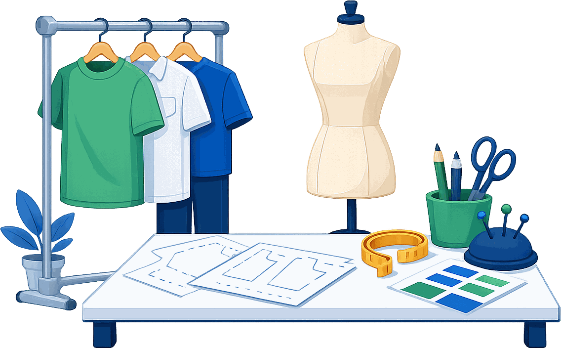 Arara de roupas, manequim e mesa de modelagem